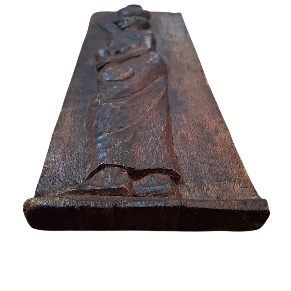Folk Art Rustic Primitive Woman Figure Hand Carved Wooden Wall Panel Signed 12